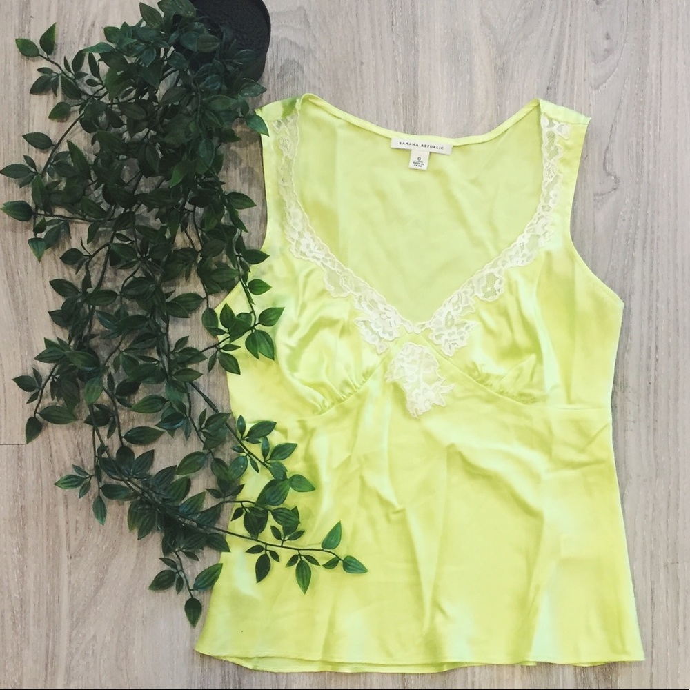 Neon green silk Banana Republic lace top